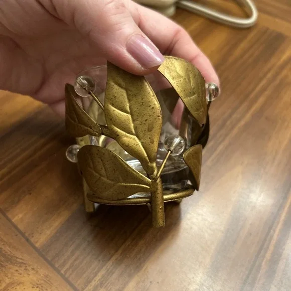 Vintage 90's White Barn Candle Company Votive Holder Bronze Color Leaves - Picture 2 of 7